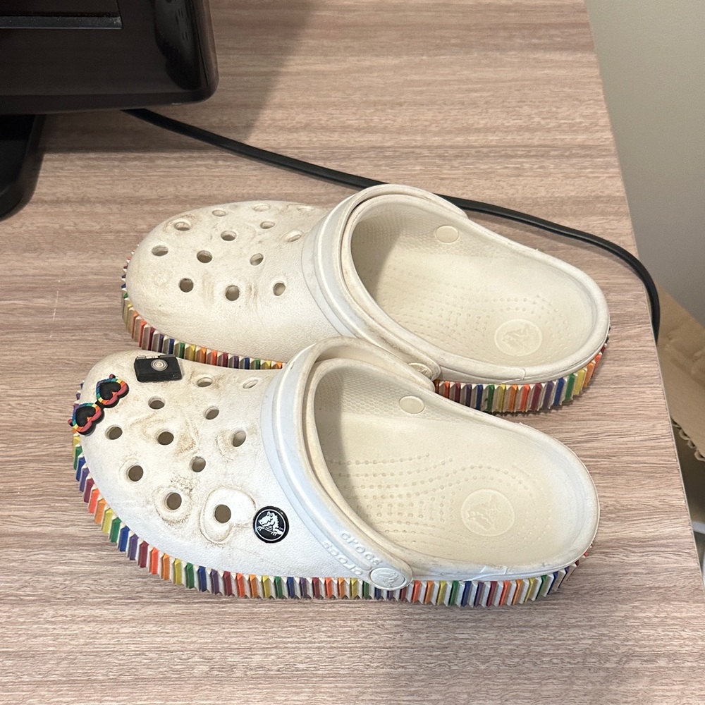 Crocs White Clogs with Rainbow Trim